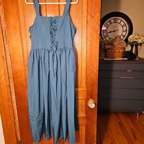 Womens Large Turquoise Blue Dress Lace Up Front Flowy Boho Cottagecore NEW - Picture 8 of 9
